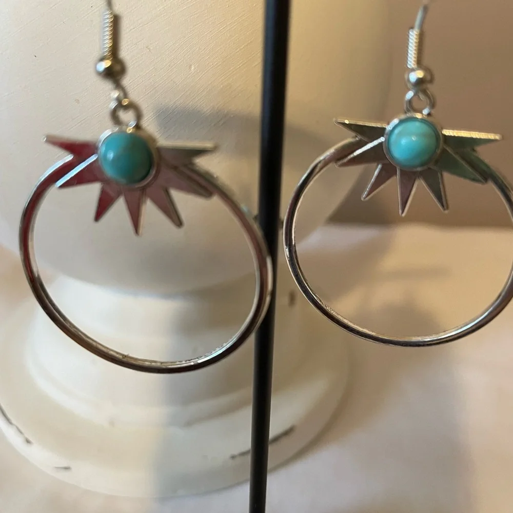 Silver Hoop Earrings with Turquoise Accent - Picture 2 of 2